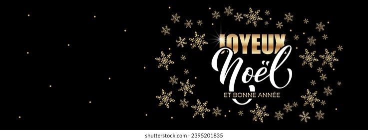 Joyeux noel and Bonee Annee. Merry Christmas card template with greetings in French. Hand drawn lettering. Premium vector illustration with typographic text for Merry Christmas card design