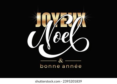 Joyeux noel and Bonee Annee. Merry Christmas card template with greetings in French. Hand drawn lettering. Premium vector illustration with typographic text for Merry Christmas card design