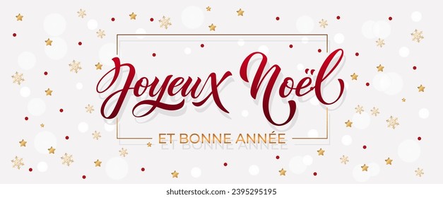 Joyeux noel and Bonee Annee. Merry Christmas card template with greetings in French. Hand drawn lettering. Premium vector illustration with typographic text for Merry Christmas card design