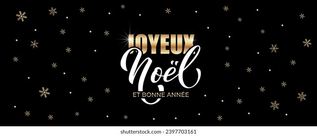 Joyeux noel and Bonee Annee. Merry Christmas card template with greetings in French. Hand drawn lettering. Premium vector illustration with typographic text for Merry Christmas card design