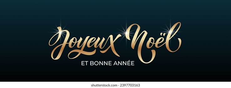 Joyeux noel and Bonee Annee. Merry Christmas card template with greetings in French. Hand drawn lettering. Premium vector illustration with typographic text for Merry Christmas card design