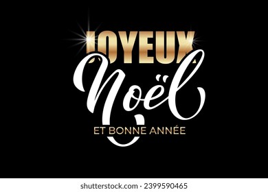 Joyeux noel and Bonee Annee. Merry Christmas card template with greetings in French. Hand drawn lettering. Premium vector illustration with typographic text for Merry Christmas card design