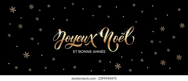 Joyeux noel and Bonee Annee. Merry Christmas card template with greetings in French. Hand drawn lettering. Premium vector illustration with typographic text for Merry Christmas card design