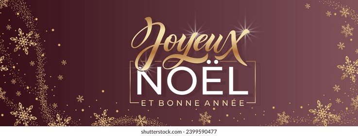 Joyeux noel and Bonee Annee. Merry Christmas card template with greetings in French. Hand drawn lettering. Premium vector illustration with typographic text for Merry Christmas card design