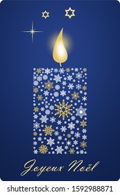 Joyeux Noel Christmas candle vector with snowflakes, stars and French greetings.
Translation French to English: Joyeux Noel is Merry Christmas.
Ornament for invitation, greeting cards etc.
Blue back.