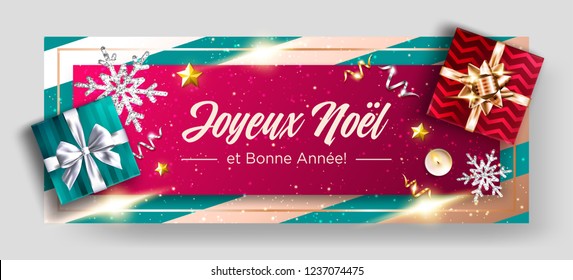 Joyeux Noel et Bonne Annee Vector Background. Merry Christmas and Happy New Year in French. Festive Xmas 2019 Scene Poster Template. Fresh Colors. Strict, Luxury, Chic, Elegant Style.
