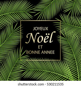 Joyeux Noel et Bonne Annee - text in French means Merry Christmas and Happy New Year. Greeting card with palm tree and inscription. Vector Illustration.