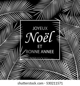 Joyeux Noel et Bonne Annee - text in French means Merry Christmas and Happy New Year. Greeting card with palm tree and inscription. Vector Illustration.
