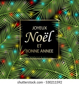 Joyeux Noel Et Bonne Annee - Text In French Means Merry Christmas And Happy New Year. Greeting Card With Palm Tree And Inscription. Vector Illustration.