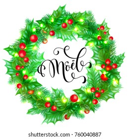Joyeux Noel Francés Feliz Navidad mano, cita caligrafía y corona navideña para la plantilla de fondo de tarjeta de saludo de vacaciones. Decoración vectorial de árbol de Año Nuevo luces diseño de garland blanco