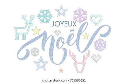 Joyeux Noel French Merry Christmas embroidery font and knitted decoration for holiday greeting card design. Vector Christmas calligraphy text, deer or snowflake decoration on white New Year background