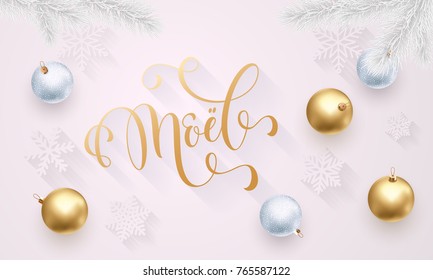 Joyeux Noel French Merry Christmas golden decoration, hand drawn calligraphy golden font for invitation on white festive background. Vector Christmas or New Year holiday star shiny confetti decoration