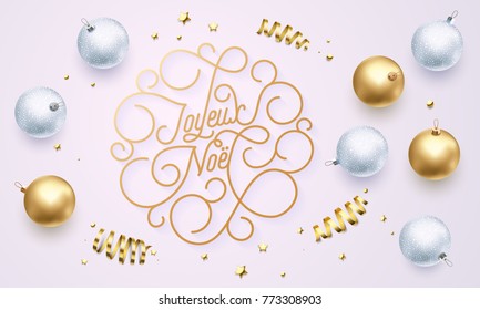 Joyeux Noel French Merry Christmas flourish golden calligraphy lettering of swash gold typography for greeting card design. Vector golden decoration and Christmas text on holiday white background