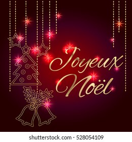 Joyeux Noel. Greeting Christmas card in French. Luxury style gold elements on a red background. Vector EPS 10