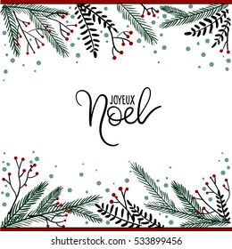 Joyeux Noel Hand Lettering Greeting Card. Vector Illustration. Modern Calligraphy.