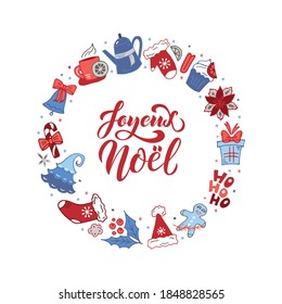 Joyeux Noel handwritten text (Merry Christmas in French). Modern brush calligraphy, hand lettering. Round frame of colorful winter symbols isolated on white background.Vector illustration   