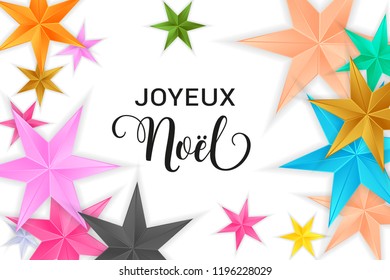 Joyeux Noel Merry Christmas french typography. Christmas vector card with bright colorful stars on white background.