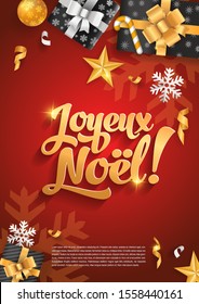 joyeux noel merry christmas in french language red banner template glitter gold elements snowflakes stars and calligraphy happy vacation star party abstract holiday background scene ball red gold cere