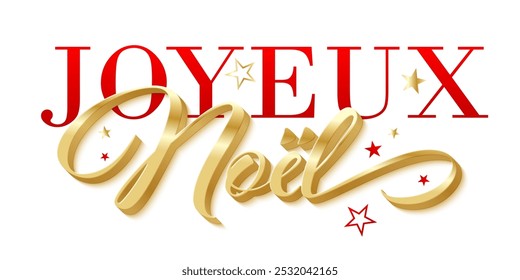 JOYEUX NOEL (FELIZ NATAL em francês) vermelho e metálico ouro vetor tipografia banner com estrelas