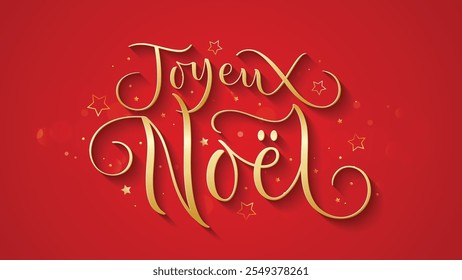 JOYEUX NOEL (FELIZ NATAL em Francês) metálico ouro escova caligrafia no fundo vermelho