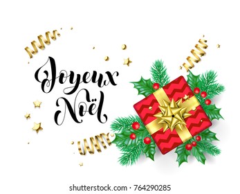 Joyeux Noel Merry Christmas French trendy quote calligraphy on white premium background for winter holiday design template. Vector Christmas tree holly wreath decoration in golden ribbon gift confetti