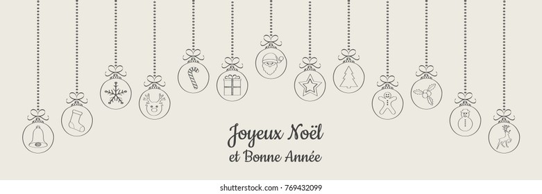 Joyeux Noel - Merry Christmas in French. Concept of Christmas card with decoration. Vector.