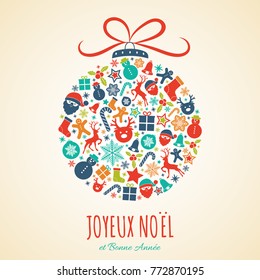 Joyeux Noel - Merry Christmas in French. Christmas card with ornaments. Vector.