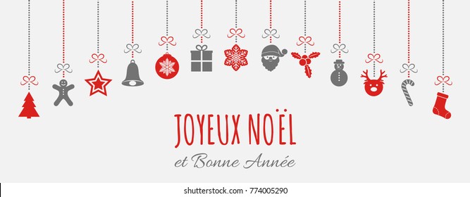 Joyeux Noel - Merry Christmas in French. Christmas card with ornaments. Vector.