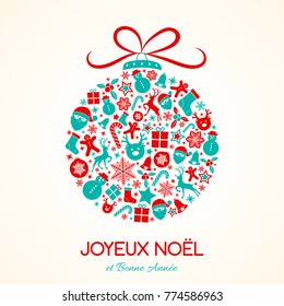 Joyeux Noel - Merry Christmas in French. Christmas card with ornaments. Vector. 