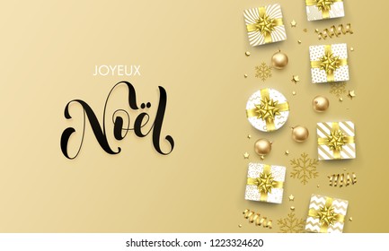 Joyeux Noel Merry Christmas golden greeting card on premium background. Vector Christmas French Noel calligraphy lettering, gifts and gold glitter stars or snowflakes