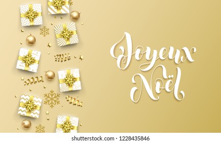Joyeux Noel Merry Christmas golden French greeting card of gold gifts, stars confetti and snowflakes. Vector premium Christmas design template, calligraphy lettering text on golden background