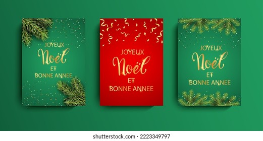 Joyeux Noel - Merry Christmas greeting card. A set of postcards with a coniferous tree and a gold inscription. Vector illustration.