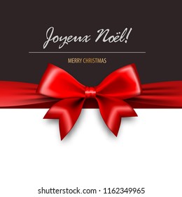 Joyeux Noel - Merry Christmas and happy New Year in France. Red gift silk bow vertical banner. Season holidays background. Realistic 3d satin ribbon isolated.