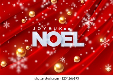 Joyeux Noel. Merry Christmas. Vector illustration. Holiday decoration of white paper letters, golden pearl spheres, snowflakes on red silk fabric background. Festive banner design