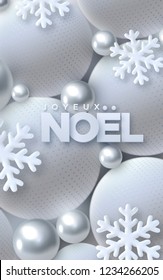 Joyeux Noel. Merry Christmas. Vector typography illustration. Holiday decoration of white paper letters with snowflakes on 3d light spheres background. Festive banner design. Winter cover