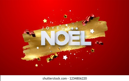 Joyeux Noel. Merry Christmas. Vector typography illustration. Holiday decoration of white paper letters, sparkling confetti, streamers, stars on golden paint stain background. Festive banner design