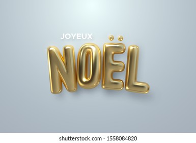 Joyeux Noel. Merry Christmas. Vector typography illustration. Holiday decoration of golden metallic letters isolated on white background. Festive banner design