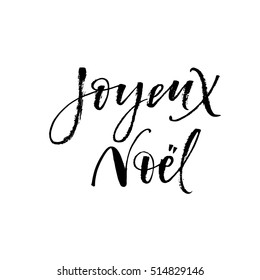 Joyeux Noel postcard. Merry Christmas in french. Ink illustration. Modern brush calligraphy. Isolated on white background. 