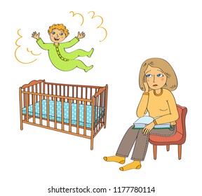 Joyfool child in green pajamas jumps in the bed. Tired mother sits with book on the chair