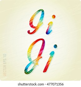 Joyful 3d Bright letters oblique writing. In the style of colored pencil strokes.The capital letters "I" and lowercase "i", the capital letters "J" and lowercase "j." vector eps10