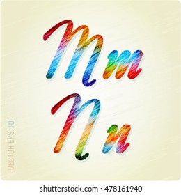 Joyful 3d Bright letters oblique writing. In the style of colored pencil strokes.The capital letters "M" and lowercase "m", the capital letters "J" and lowercase "j." vector eps10