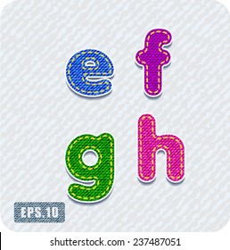 Joyful 3d colorful denim lowercase letters. The letter e, letter f, letter g, letter h. Alphabet. The rest of uppercase and lowercase letters and numbers of the alphabet in my portfolio.