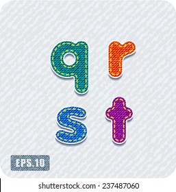 Joyful 3d colorful denim lowercase letters. The letter q, letter r, letter s, letter t. Alphabet. The rest of uppercase and lowercase letters and numbers of the alphabet in my portfolio.