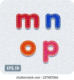 Joyful 3d colorful denim lowercase letters. The letter m, letter n, letter o, letter p. Alphabet. The rest of uppercase and lowercase letters and numbers of the alphabet in my portfolio.
