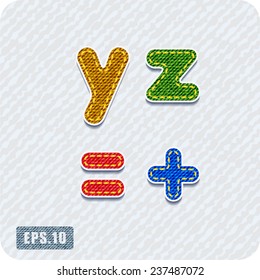 Joyful 3d colorful denim lowercase letters. The letter y, letter z and equal, plus. Alphabet.The rest of uppercase and lowercase letters and numbers of the alphabet in my portfolio.