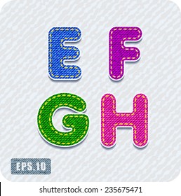 Joyful 3d colorful denim uppercase letters. The letter E, letter F, letter G, letter H.  Alphabet.
The rest of uppercase and lowercase letters and numbers of the alphabet in my portfolio.