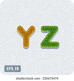 Joyful 3d colorful denim uppercase letters. The letter Y, letter Z.  Alphabet. The rest of uppercase and lowercase letters and numbers of the alphabet in my portfolio.