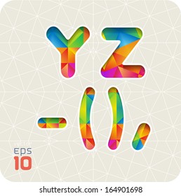 Joyful 3d set of cut paper vector alphabet. The capital letters  Y, Z and dash, bracket, comma. Multicolored gradient. Eps 10. The rest of letters, symbols and numbers of the alphabet in my portfolio.