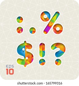 Joyful 3d set of cut paper vector alphabet. The punctuation and symbols, colon, point, percentage, dollar, exclamation, question. Multicolored gradient. The rest of the alphabet in my portfolio.