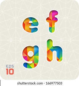 Joyful 3d set of cut paper vector alphabet. The lowercase letters e,f,g,h. Multicolored gradient. Eps 10. The rest of letters, symbols and numbers of the alphabet in my portfolio.